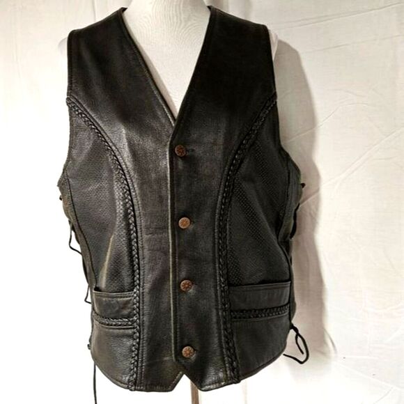 Moto Mod Black Button Front Adjustable Lace Up Sides Motorcycle Riding Vest - Picture 2 of 13